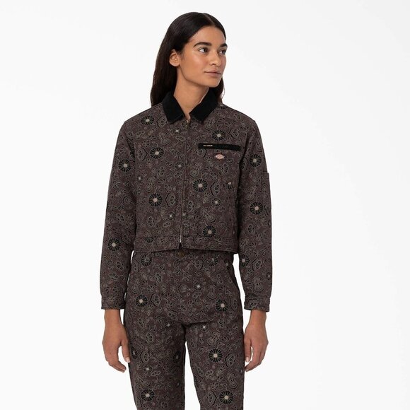 NWT DICKIES Ellis Floral Print Duck Brown Canvas Cropped Jacket Sz Small - Picture 1 of 9